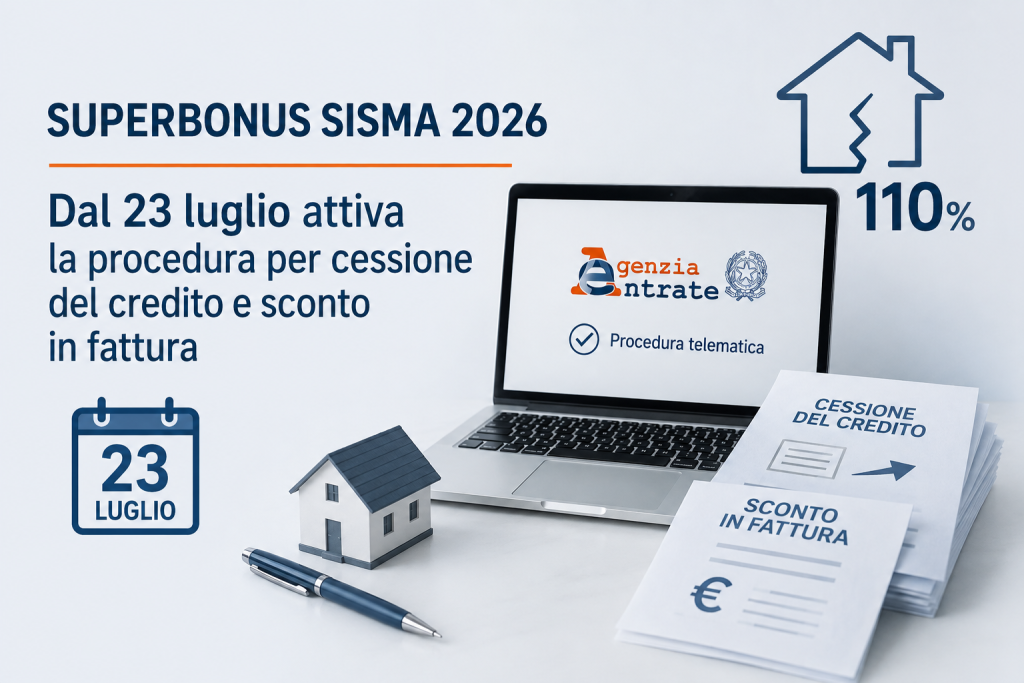 Superbonus Sisma 2026 – Dal 23 luglio attiva la procedura per cessione del credito e sconto in fattura